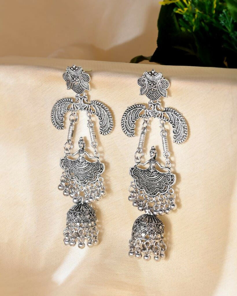 VOJ Silver Plated Oxidized Dancing Drop Earrings