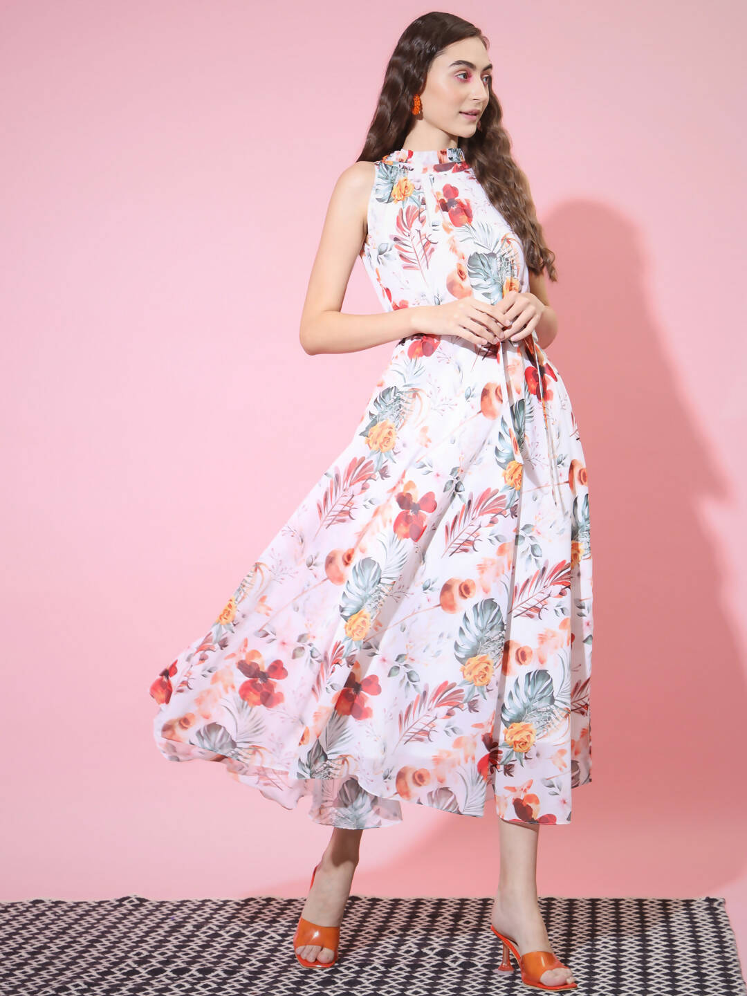 Myshka Women's White Floral Printed Empire Dress