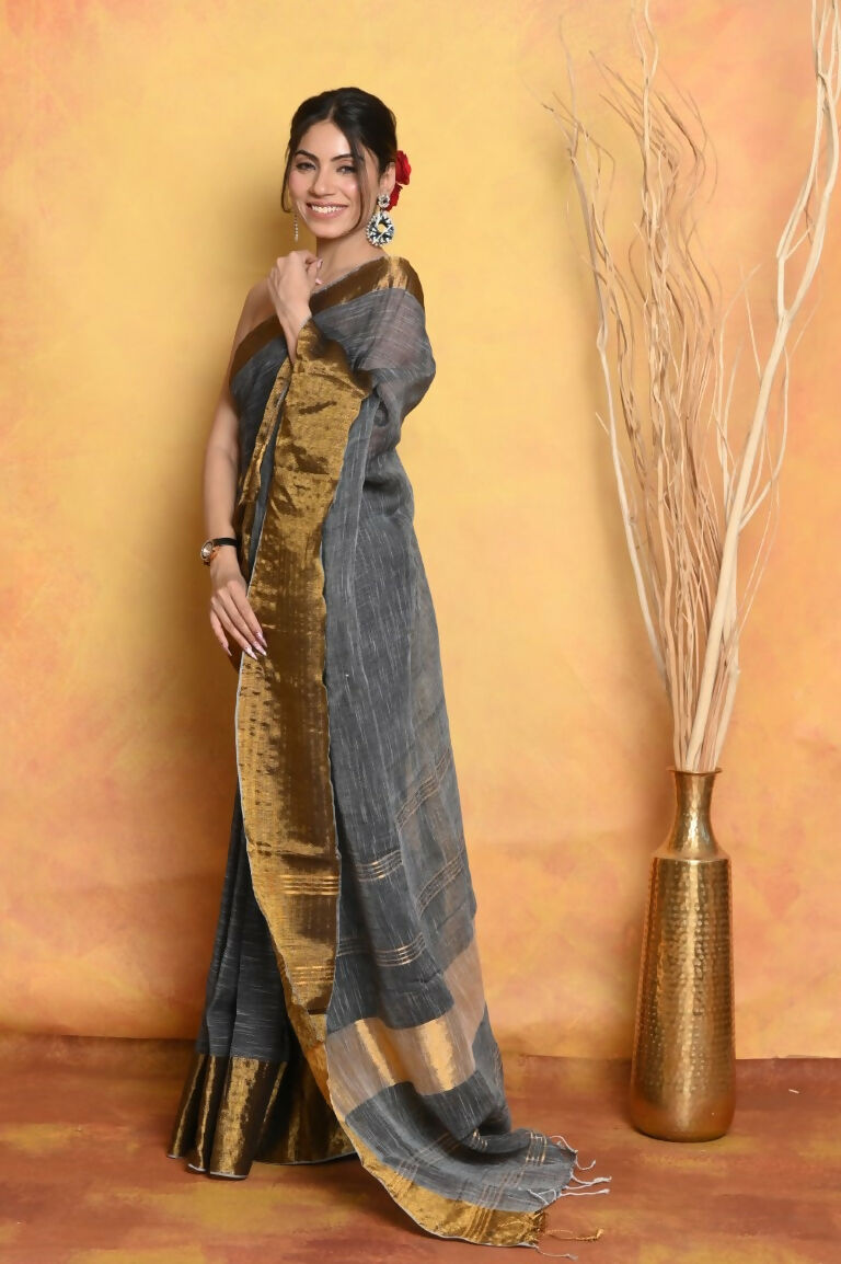 Very Much Indian Handloom Pure Cotton Linen Saree With Golden Border - Grey Gold