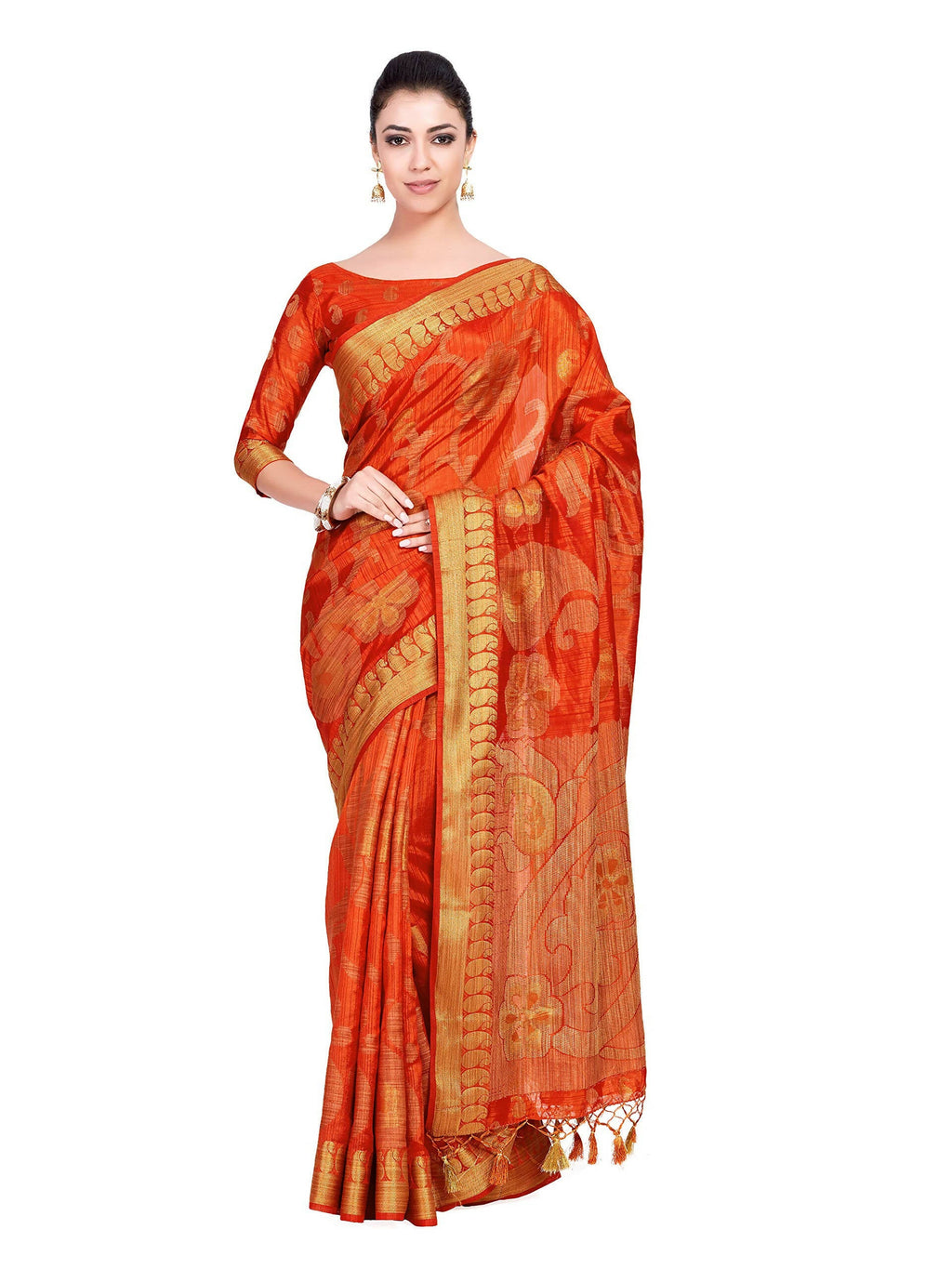 Mimosa Women's Kanchipuram Art Silk Orange Saree