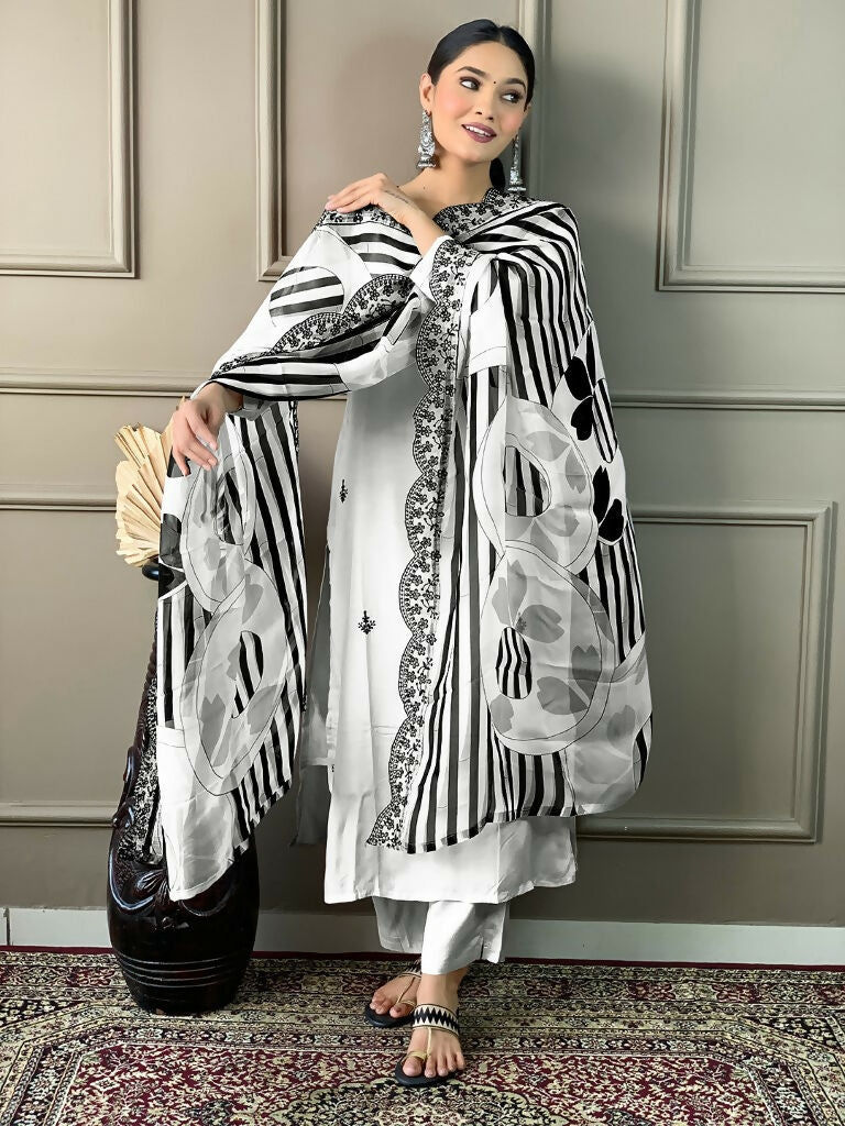 White Viscose chanderi Stitched Suit With Dupatta - Tanisha