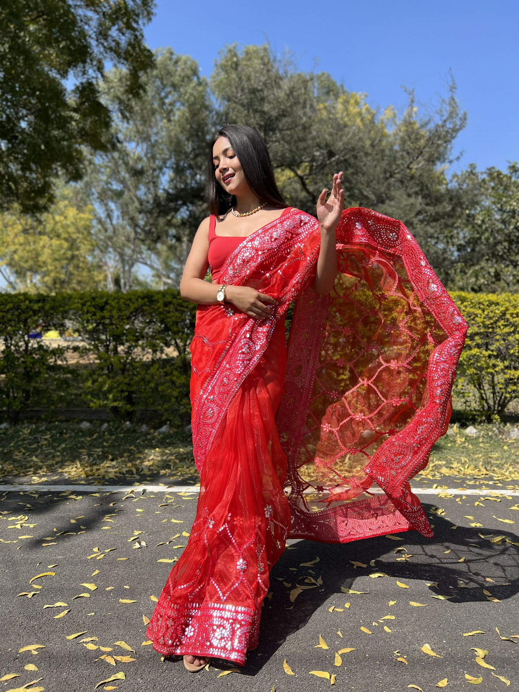 Vamsee Naina Red Organza Saree
