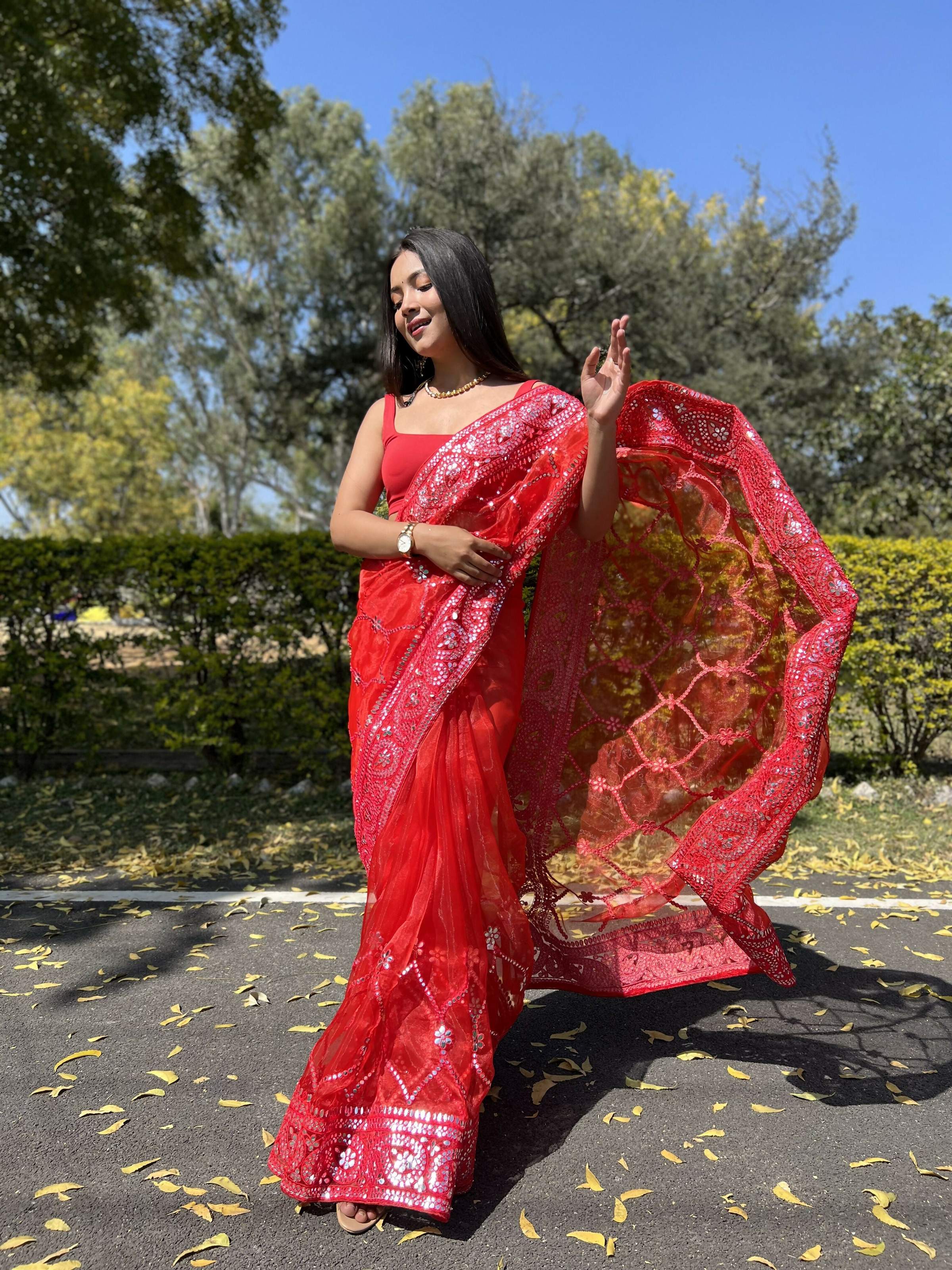 Vamsee Naina Red Organza Saree