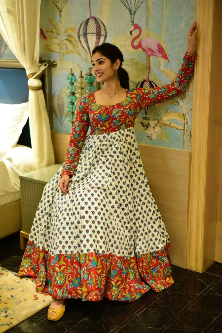 Jyoti Fashion Women's Off White Heavy Digital Printed Cotton Silk Anarkali Dress