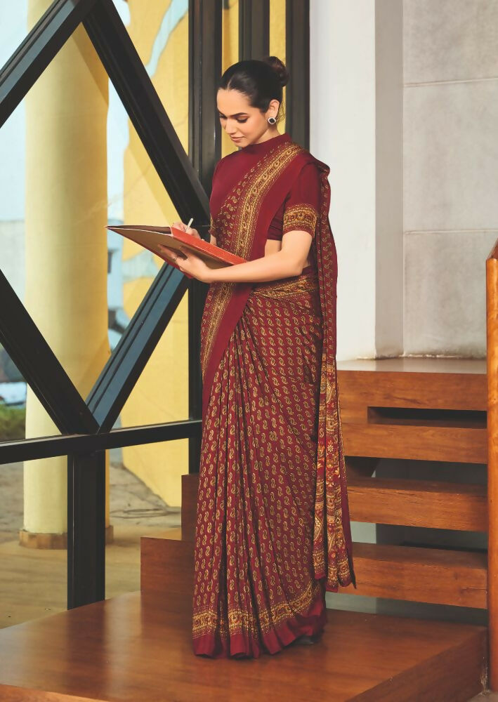 Joban Fashion Red Crepe Silk with Traditional Print Saree