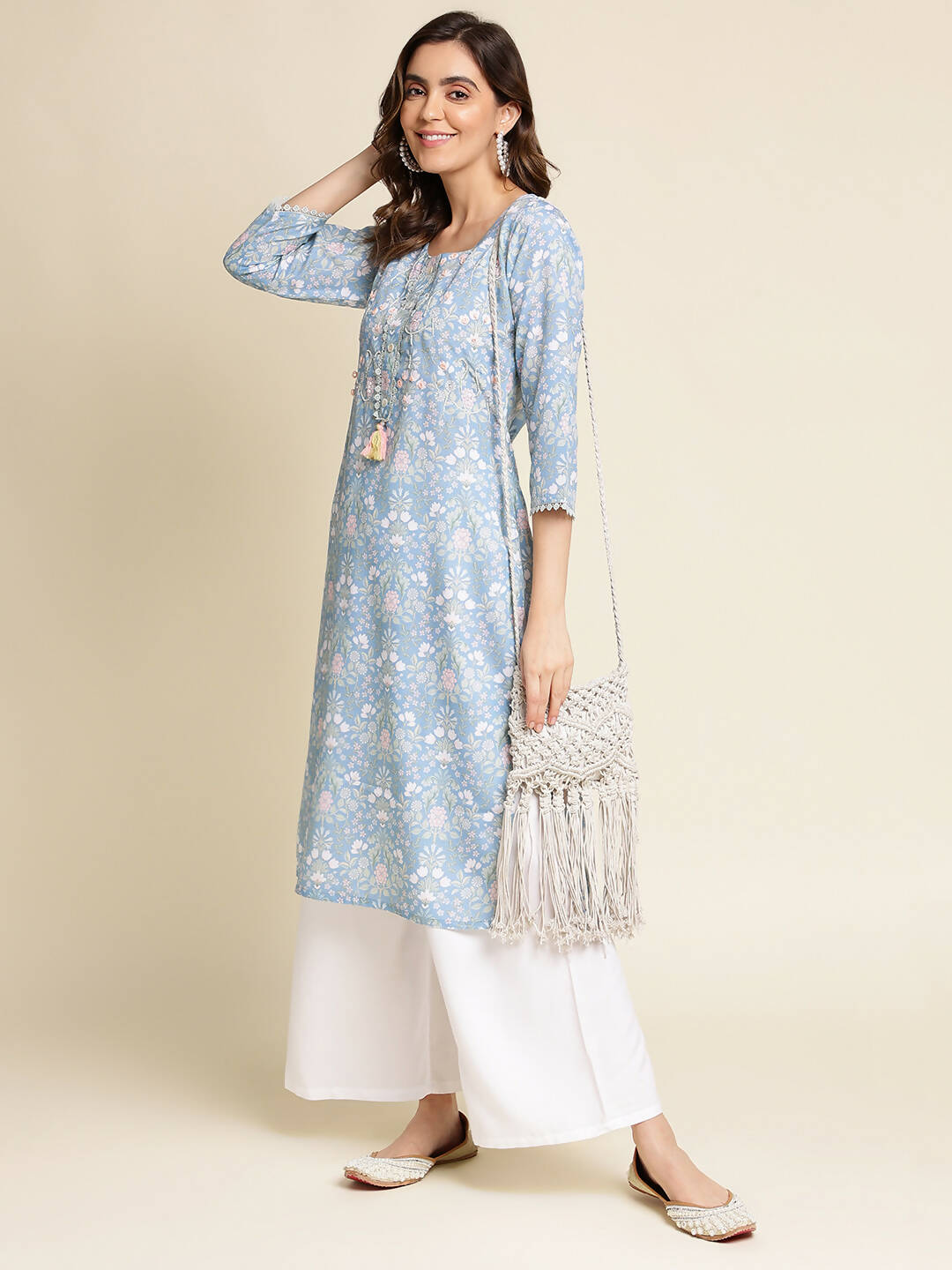 Blue Linen Floral Printed Straight Fit Kurta - Prasuti