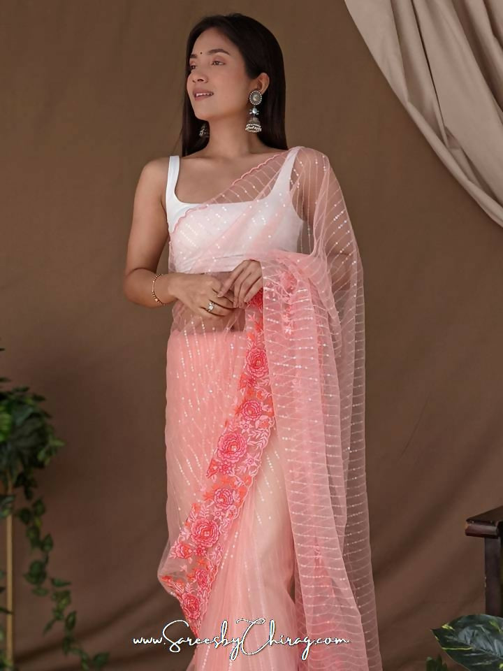 Vamsee Murari Peach Super Net Saree