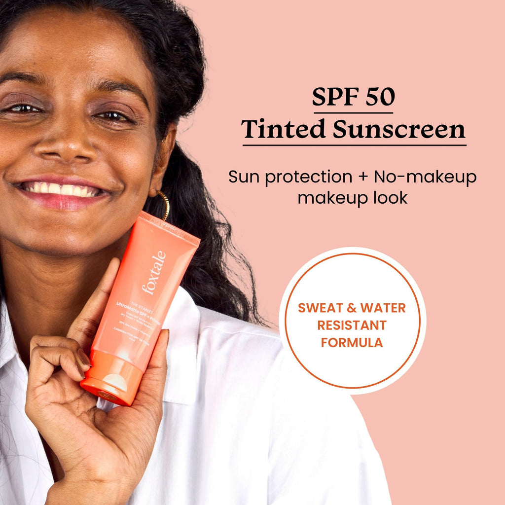 Foxtale Tinted Sunscreen SPF 50 PA++++ & Primer Shade 1 - Deep, Water Resistant with Dry-Touch Finish, Blurs Out Pores
