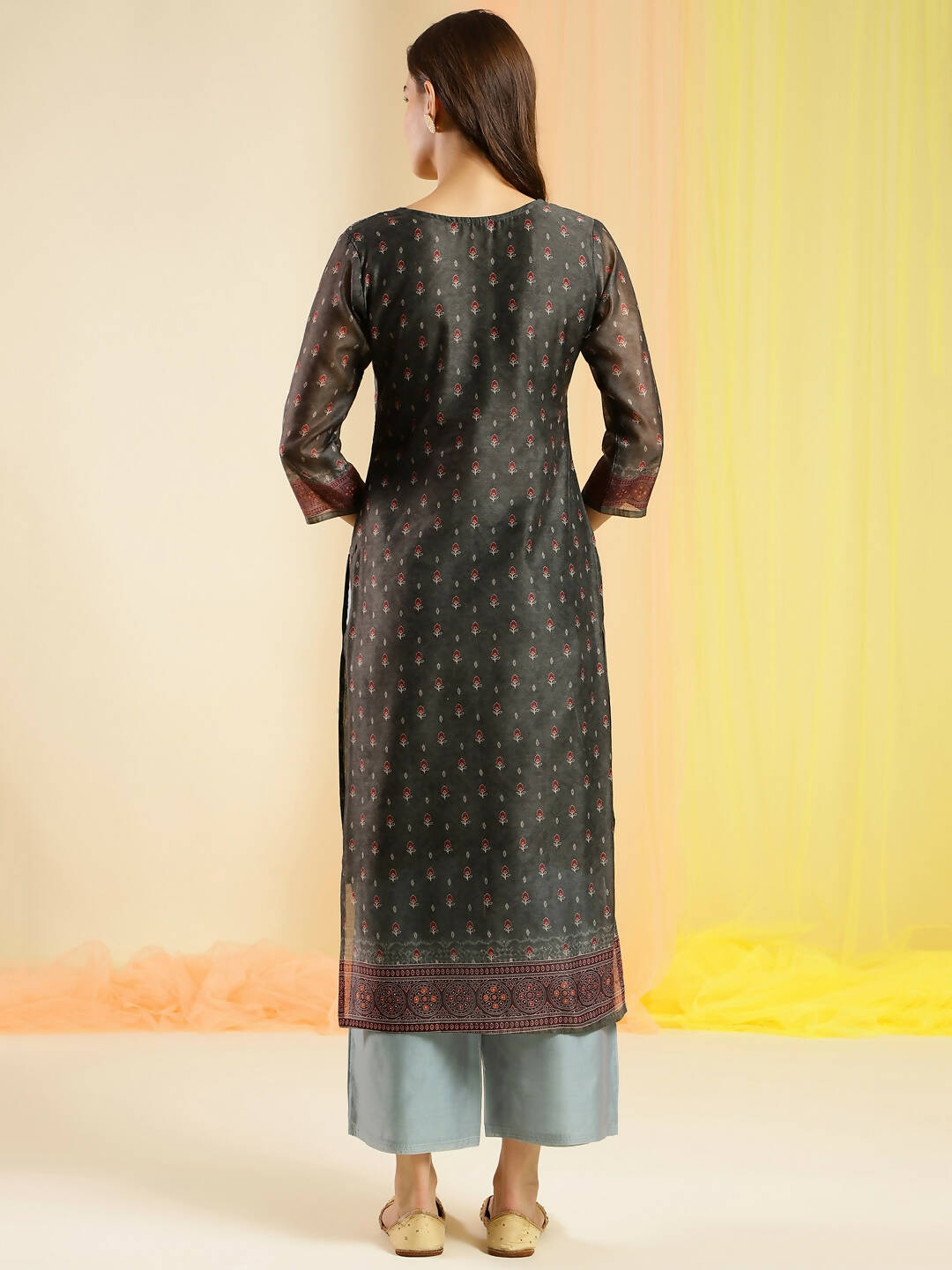 Dark Green Chinon Digital Printed With Hand Work Kurta - Himanshi
