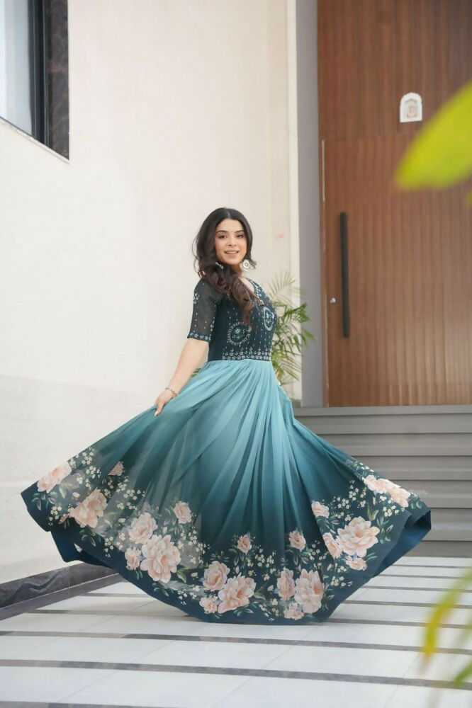 Vastranavya Teal Faux Blooming With Beads Embroidered work and Rich Floral Pedding Digital Print Gown