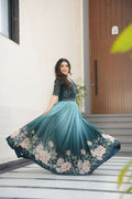 Vastranavya Teal Faux Blooming With Beads Embroidered work and Rich Floral Pedding Digital Print Gown