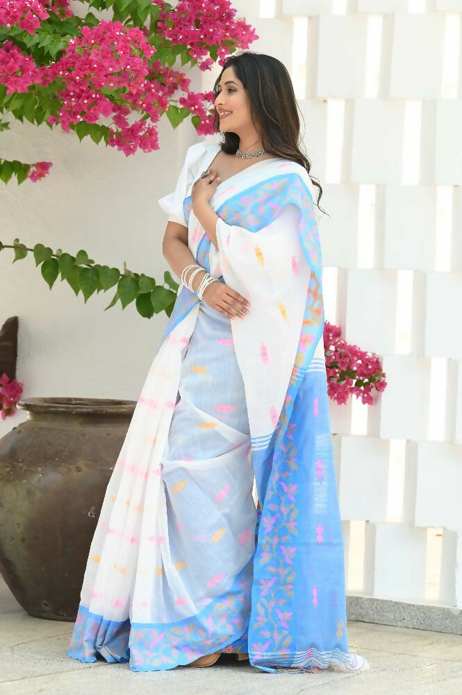 Beatitude White Slub Cotton Floral Jamdani Saree