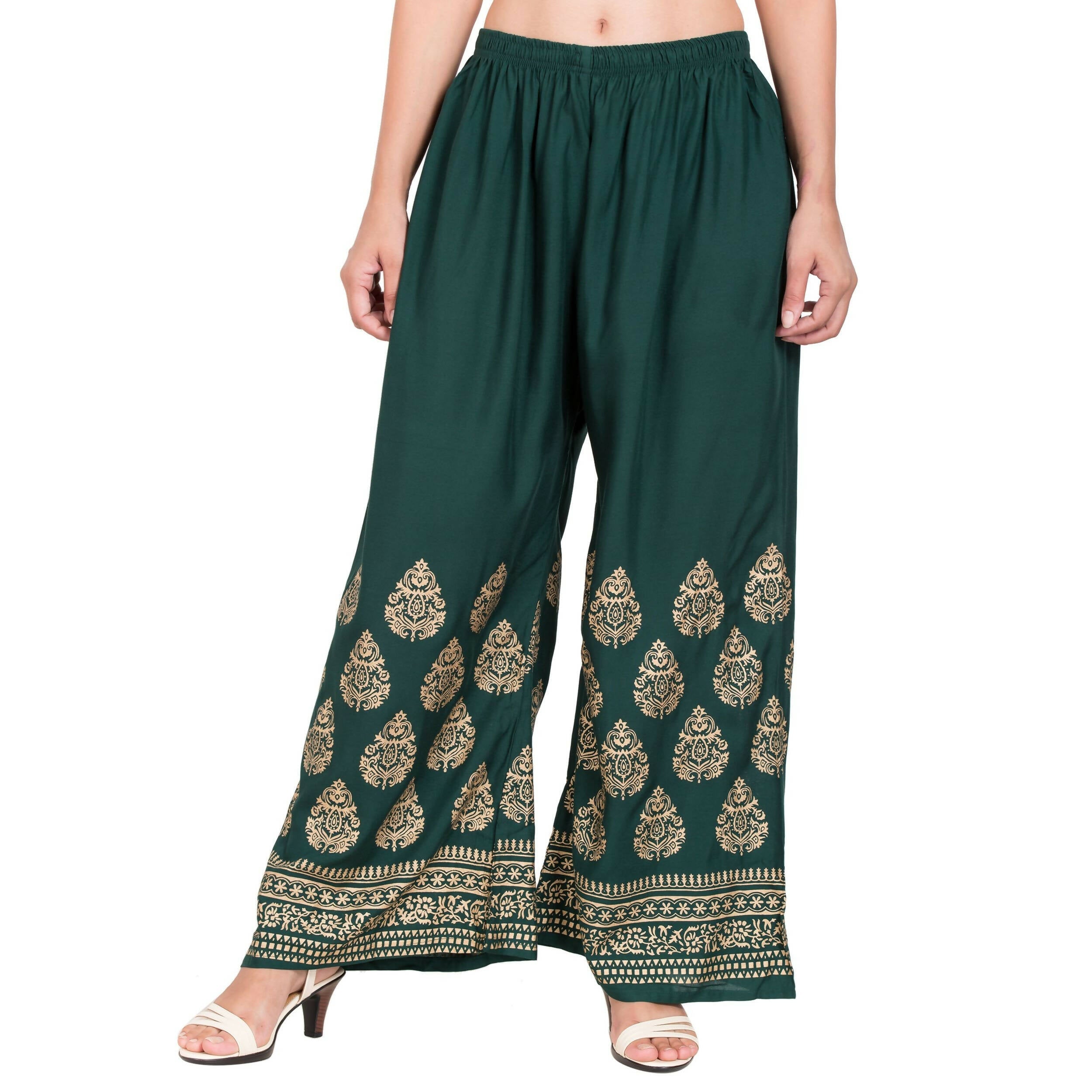 PAVONINE Bottle Green Color Golden Printed Rayon Fabric Sharara For Women & Girls