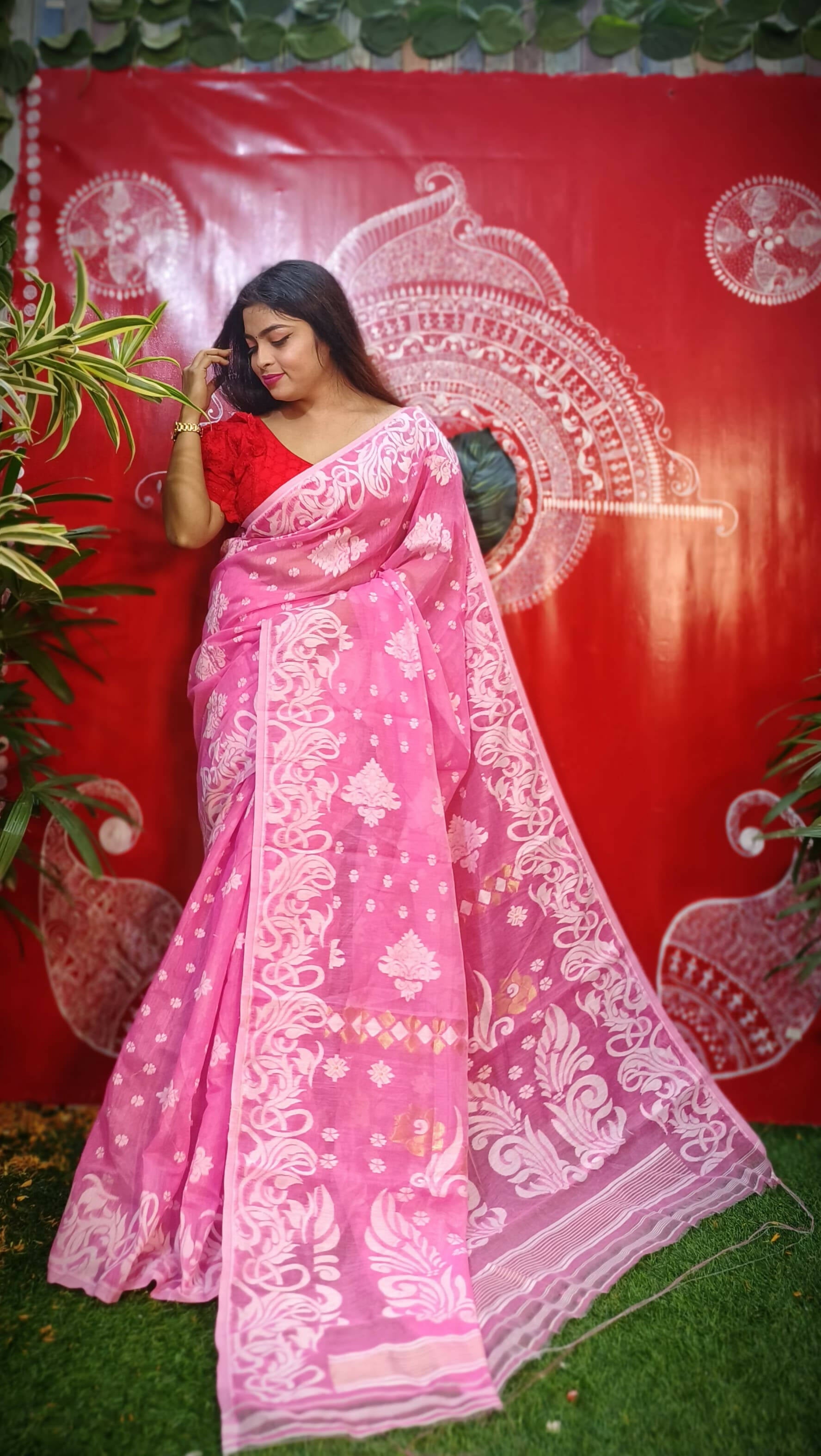 Exclusive Collection Handloom Dhakai Jamdani Saree - Pink