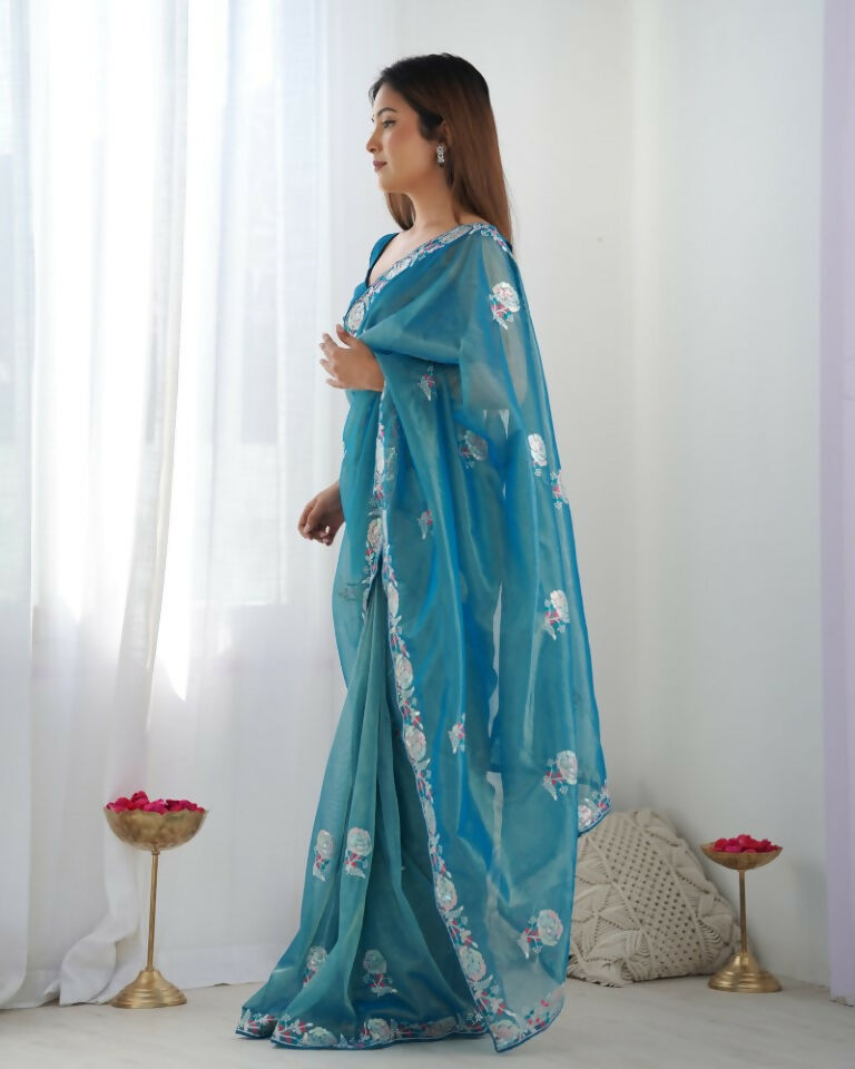 Teal Blue Gold Twill Net Multy Thread, Sequance Embroidery Work Saree - Kriti
