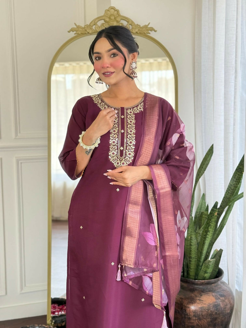 The52 Wine Women's Gorgeous Rayon Fabric Embroidered Work Straight Kurta Pant and Dupatta Set
