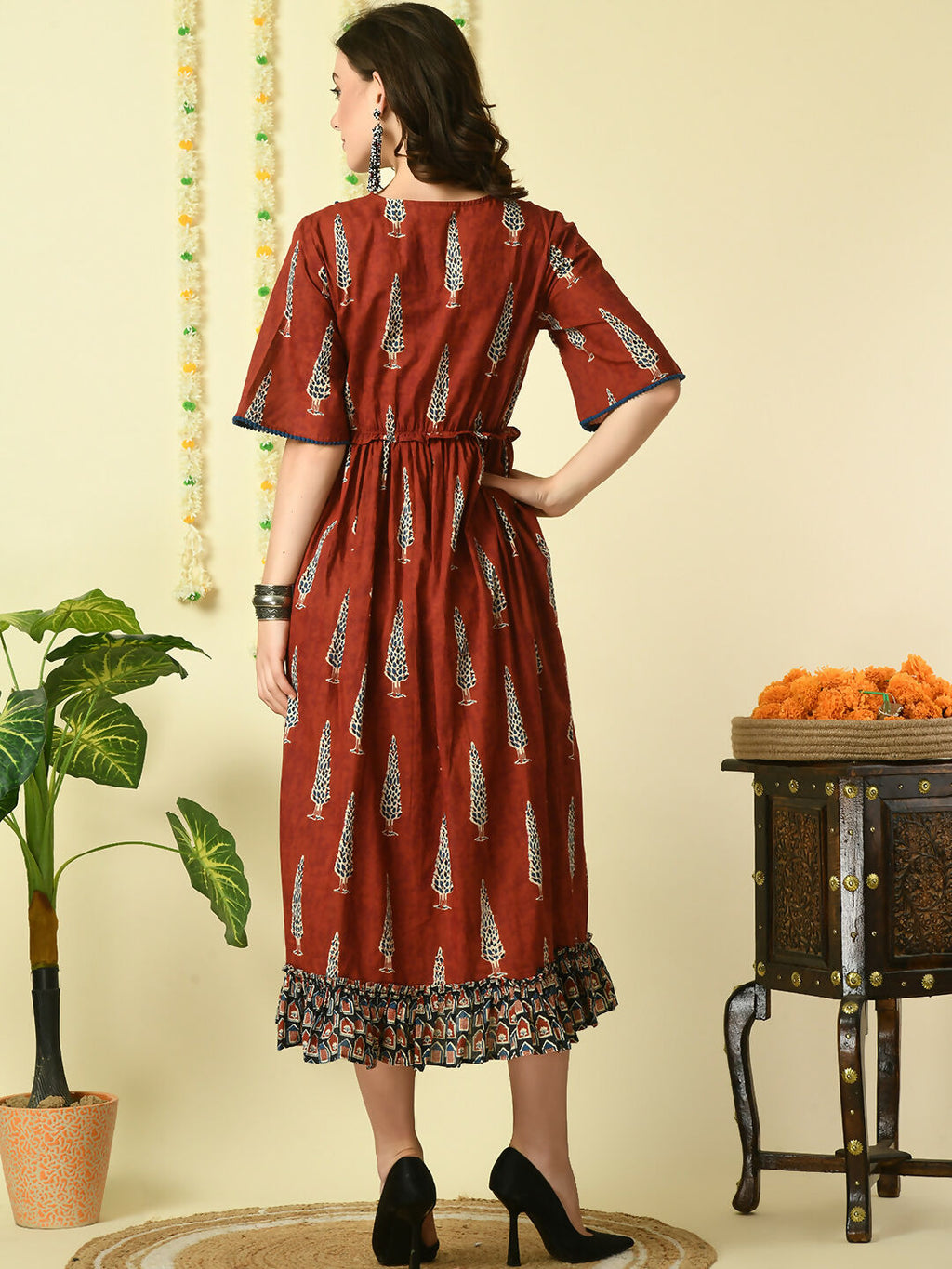 Myshka Women's Rust Printed Cotton Party Dress