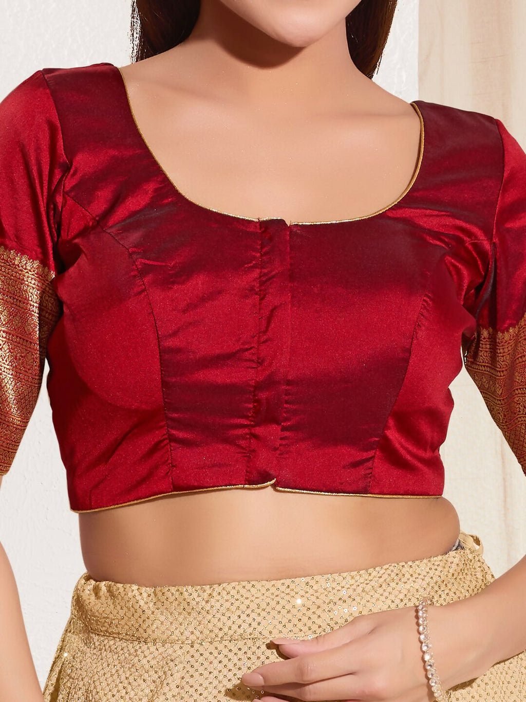 Joban Fashion Maroon Taffeta Silk Padded Blouse With Round Neck Elbow Sleeves