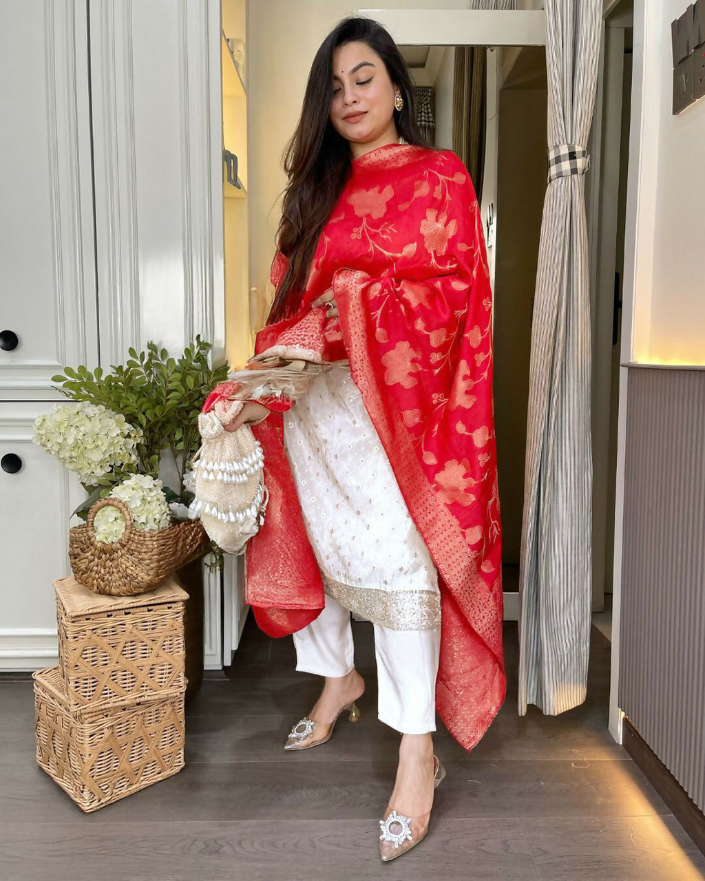 The52 White Women's Beautiful Chanderi Jacquard Fabric Embroidered Work Straight Kurta Pant and Dupatta Set