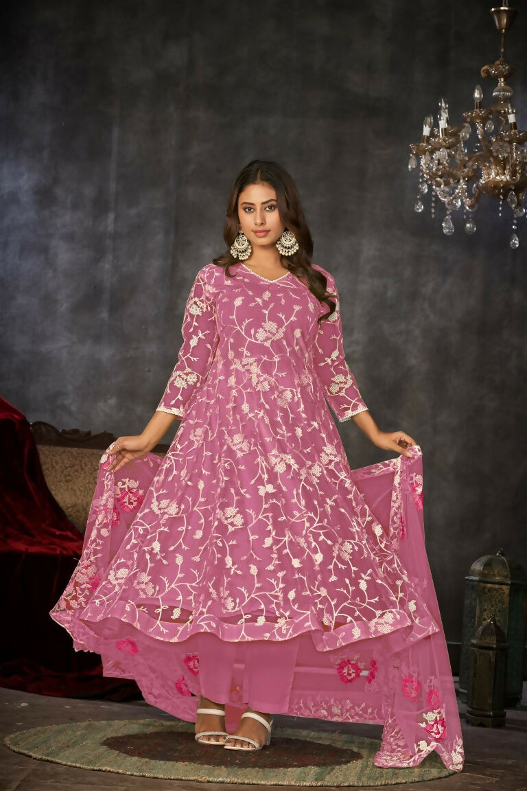 Jyoti Fashion Women's Pink Net Embroidered Anarkali Kurta Pant Set With Dupatta