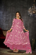 Jyoti Fashion Women's Pink Net Embroidered Anarkali Kurta Pant Set With Dupatta