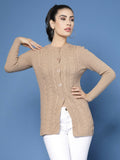 Women Self Design Camel Brown Acrylic Winter Cardigan - Wool Trees