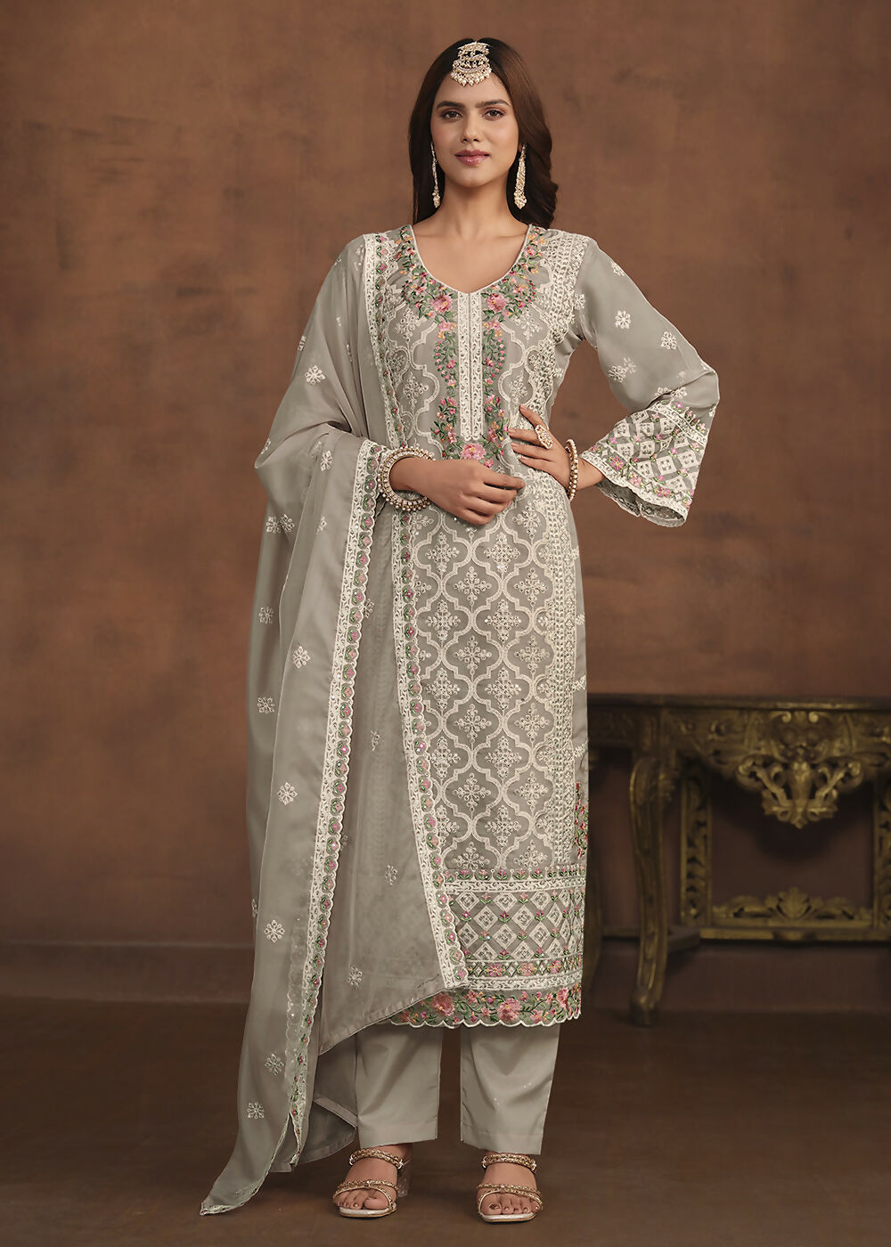 Slate Grey Soft Organza Embroidered Festive Salwar Suit - Emponline