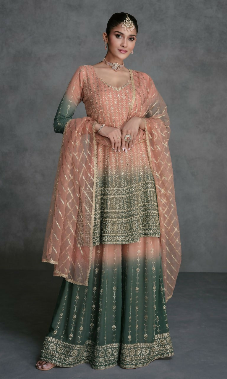 Vastranavya Peach Embroidered Sequins Pakistani Palazzo Suit Party Wear