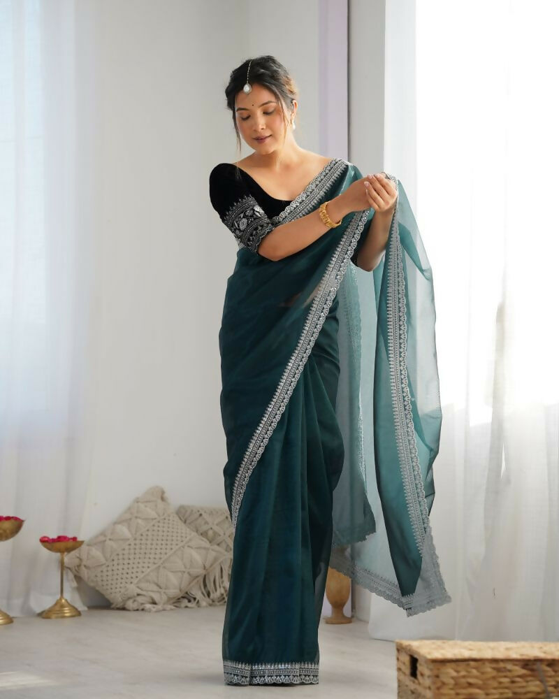 Attrctive Looking Gold Jari, Sequance Embroidery Work Twill Net Party Wear Saree - Rama