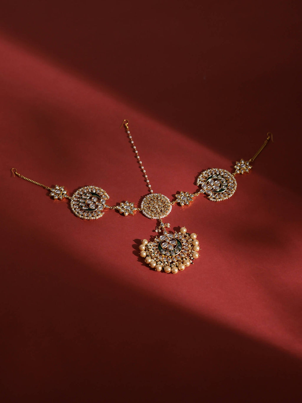 Gold-Polished White Kundan-Studded Pearl Beaded Matha Patti - Ruby Raang