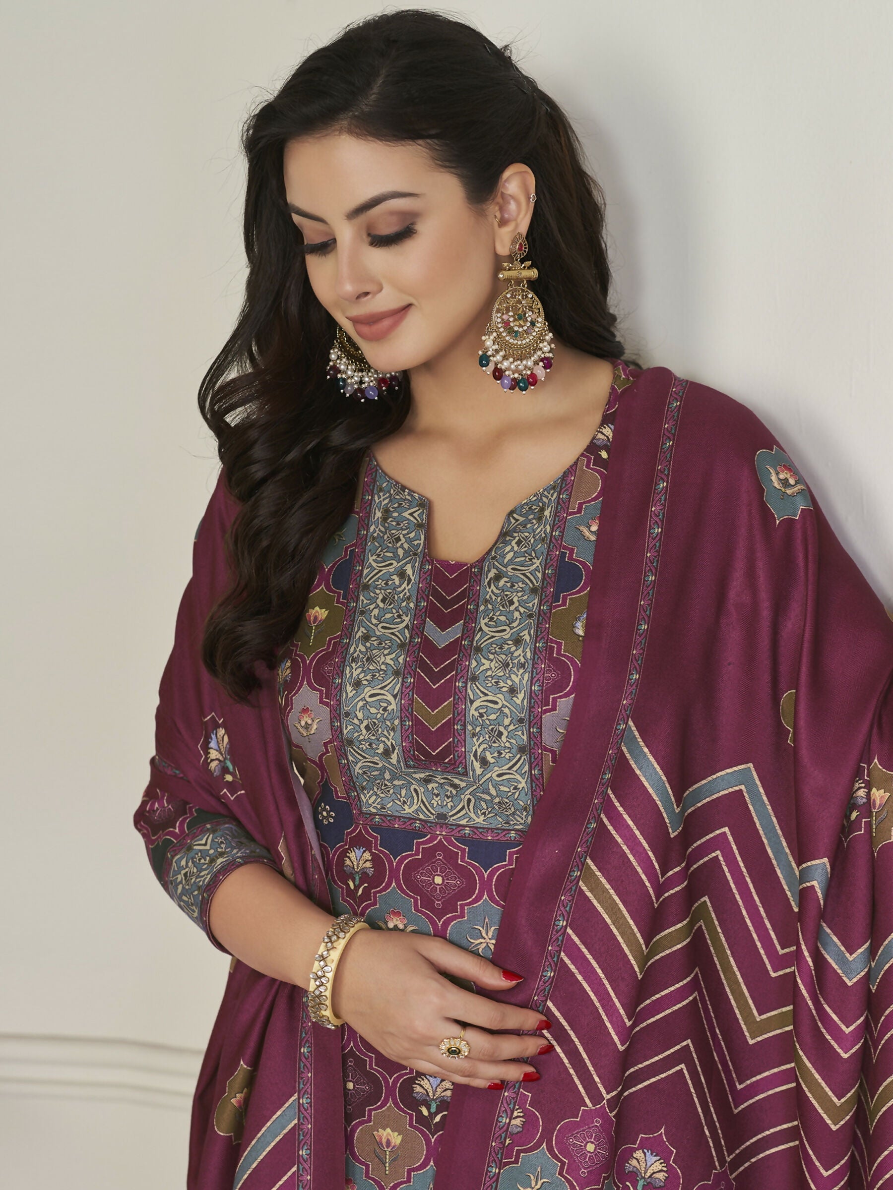 Jyoti Fashion Women's Multicolor Pashmina Digital Printed Kurta with Trouser & Dupatta
