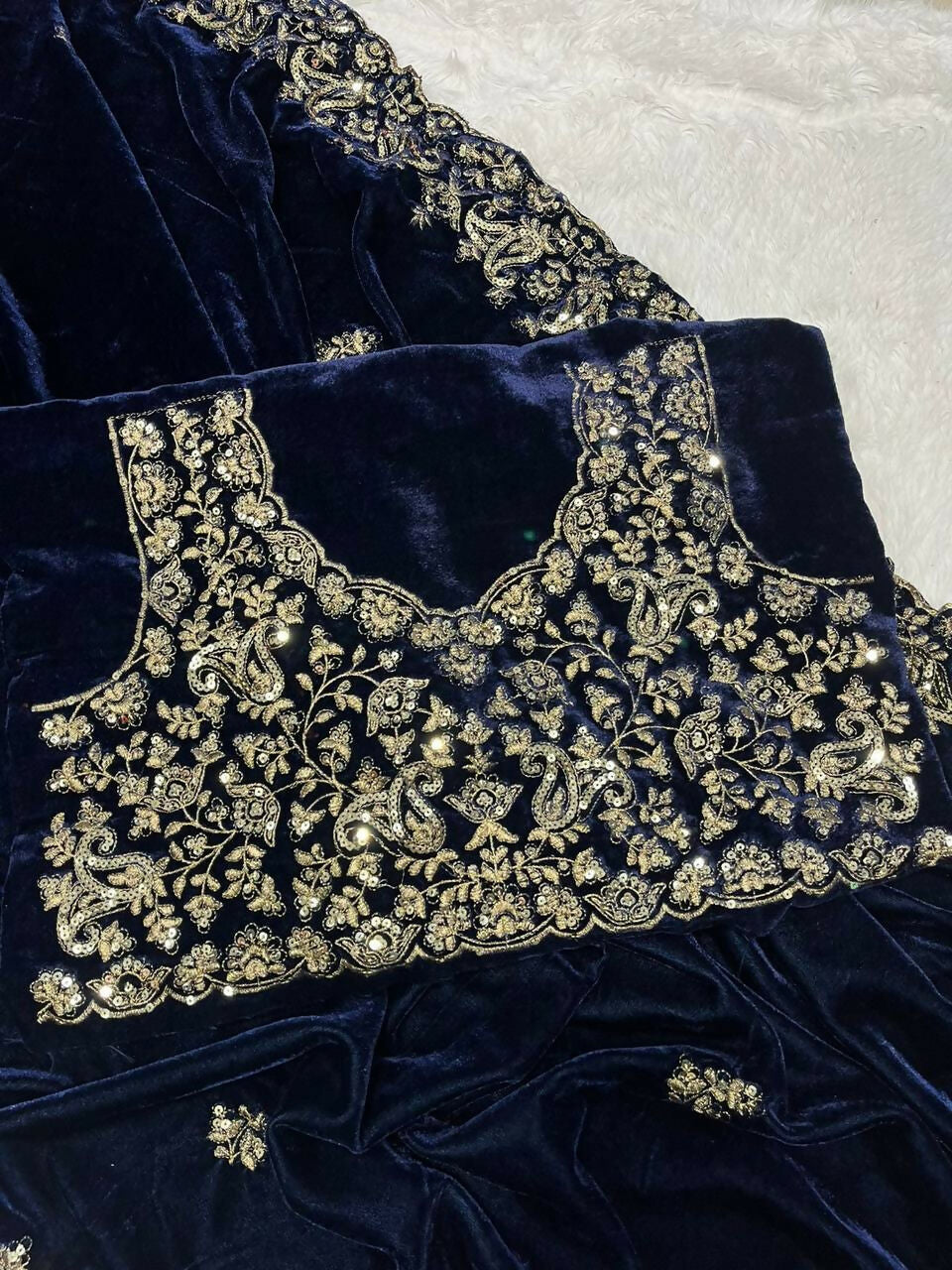 Vastranavya Designer Velvet Sequence & Zari Thread Embroidery work with border and Cutwork Saree - Navy Blue