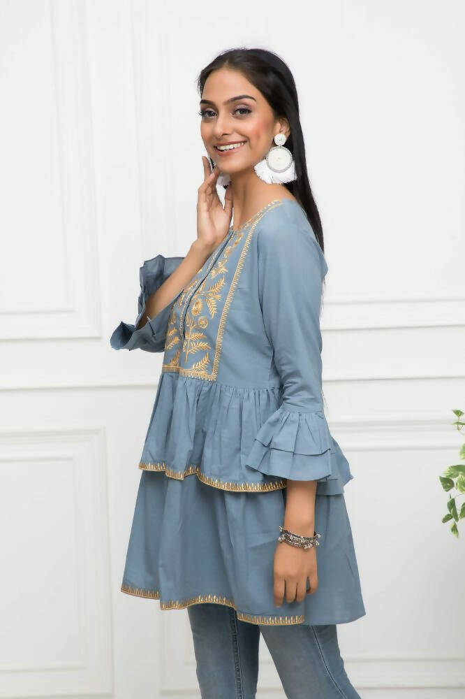 Myshka Women Grey Solid Round Neck Flared Sleeves Pure Cotton Top