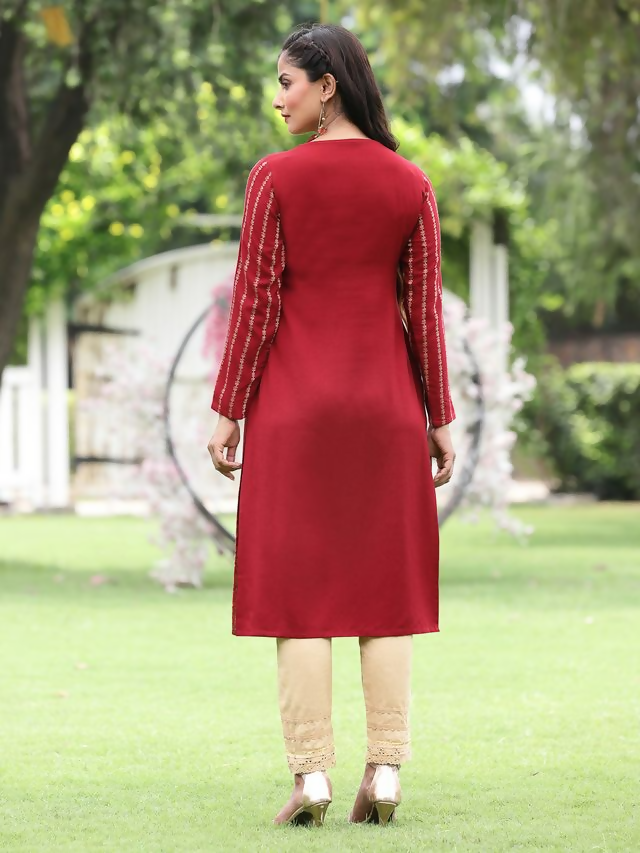 Juniper Maroon Ethnic Motif Printed Acrylic Straight Kurta.