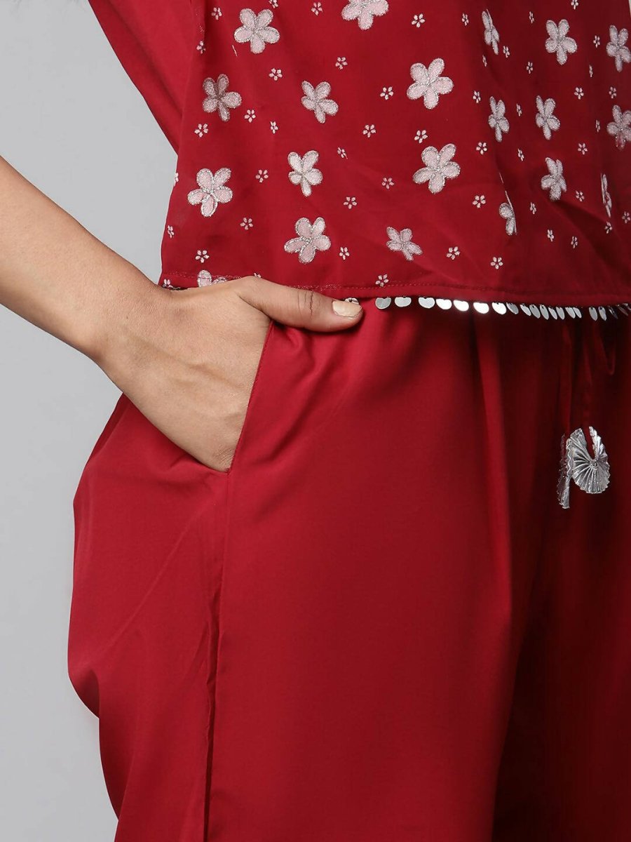 Ahalyaa Womens Maroon Chiffon Printed Jumpsuit