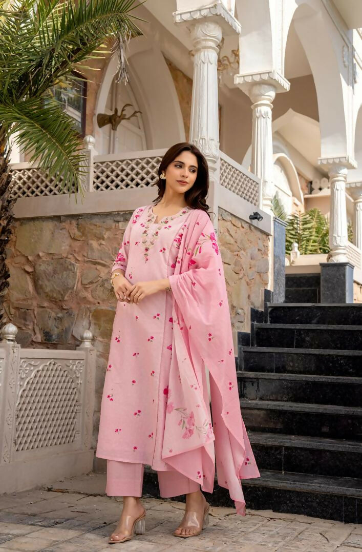 The52 Pink Women's Beautiful Chanderi Fabric Printed Work Straight Kurta Pant and Dupatta Set