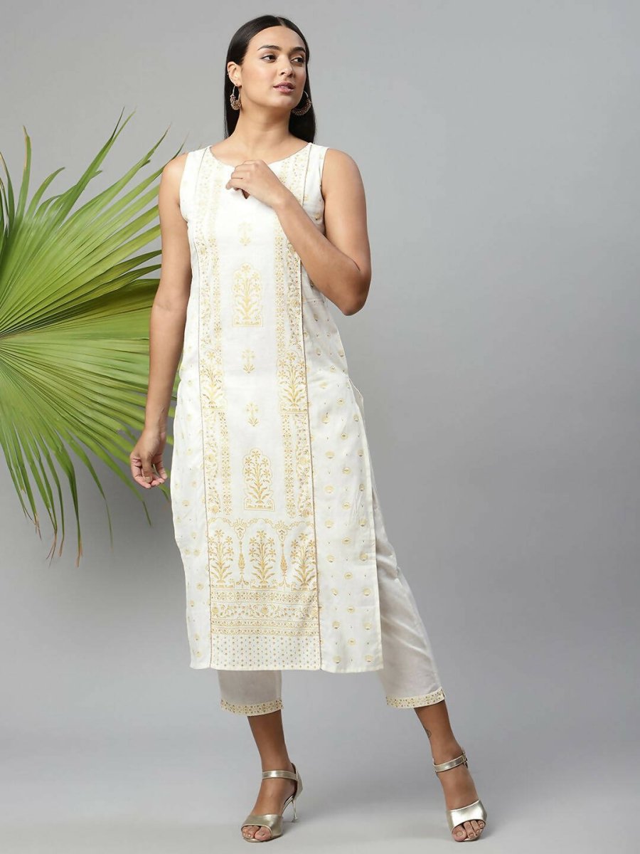 Ahalyaa Womens Off White Pure Cotton Printed Kurta Pant Set