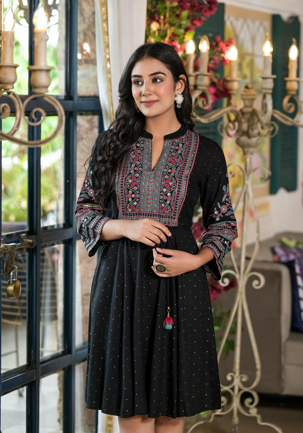 Juniper Women's Black Ethnic Motif Printed Liva Rayon Dress With Dori & Sequin