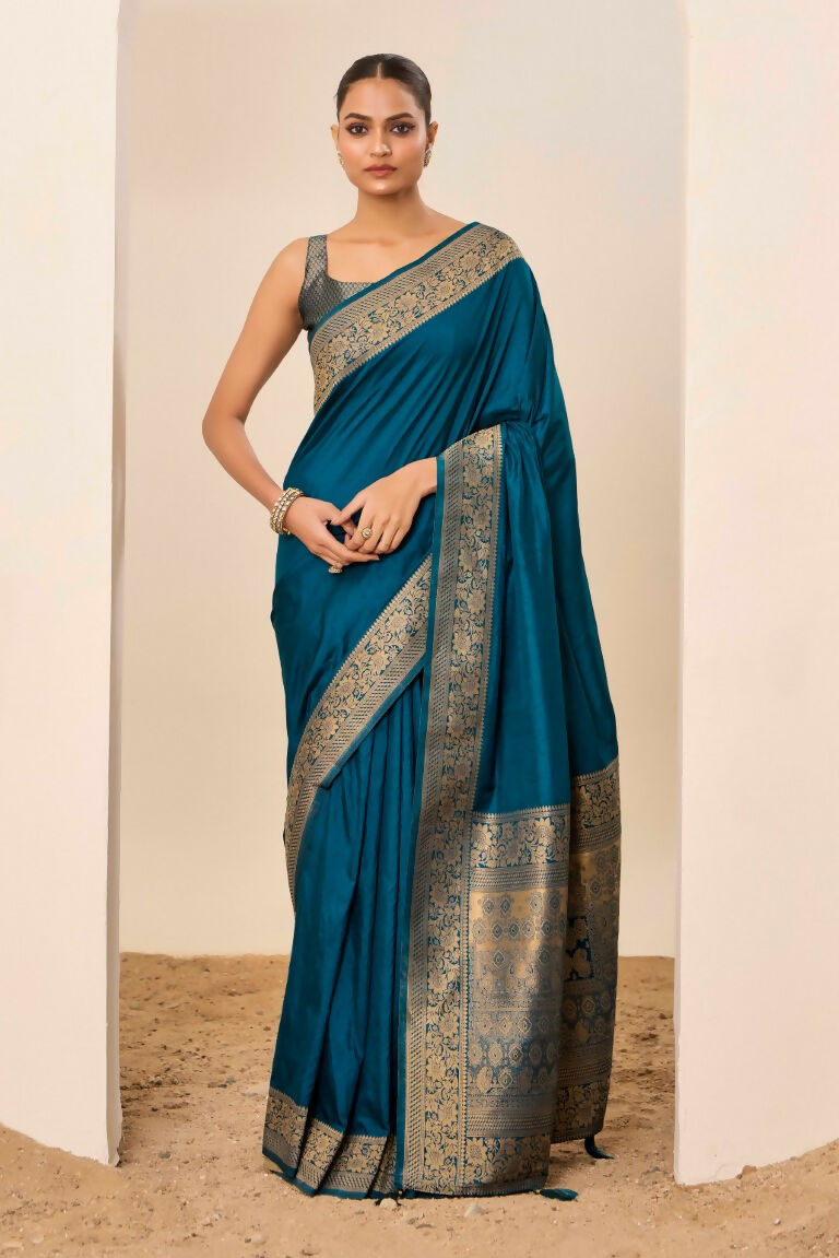 Teal Blue Dolla Silk Wevon Galla Designer Saree - Zeel