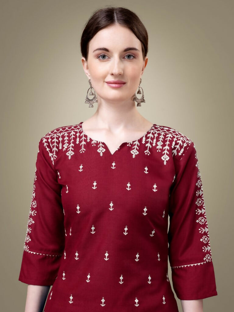Jyoti Fashion Women's Maroon Cotton Blend Embroidery & Sequence work Kurta with Trouser & Dupatta