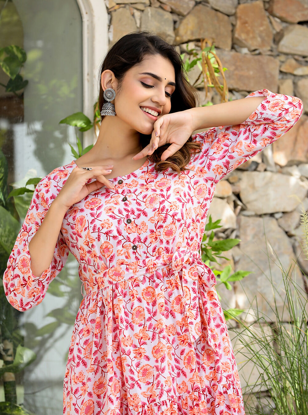 Kaajh Women's Orange Ethnic Floral Hand Block Print Cotton Dress
