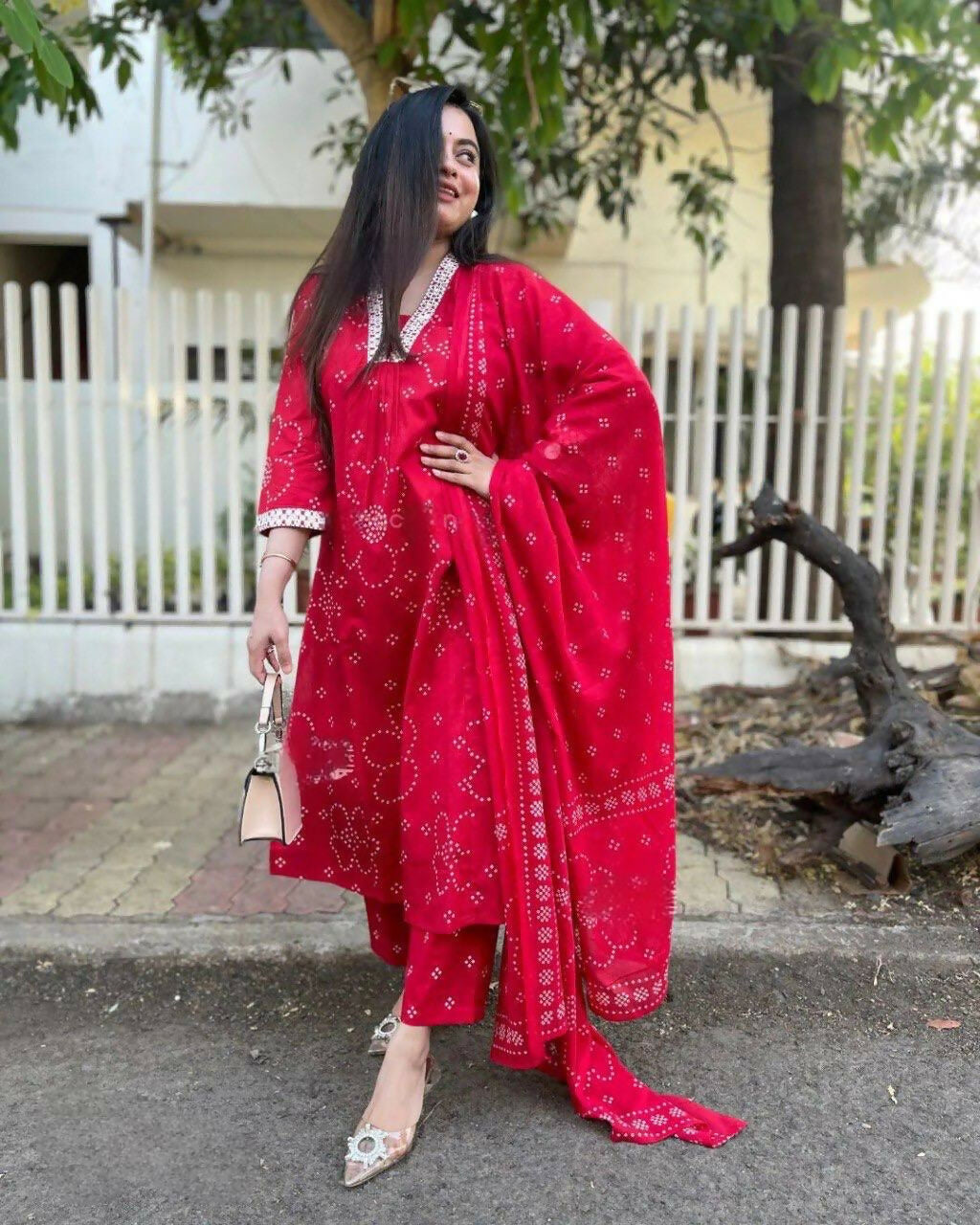 The52 Red Women's Beautiful Rayon Fabric Printed Work Straight Kurta Pant and Dupatta Set