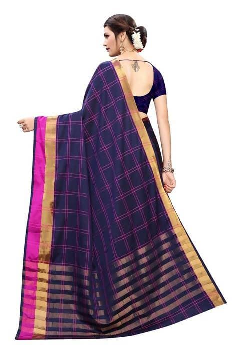 Vamika Navy Cotton Silk Weaving Saree (Rimi Checks Navy)