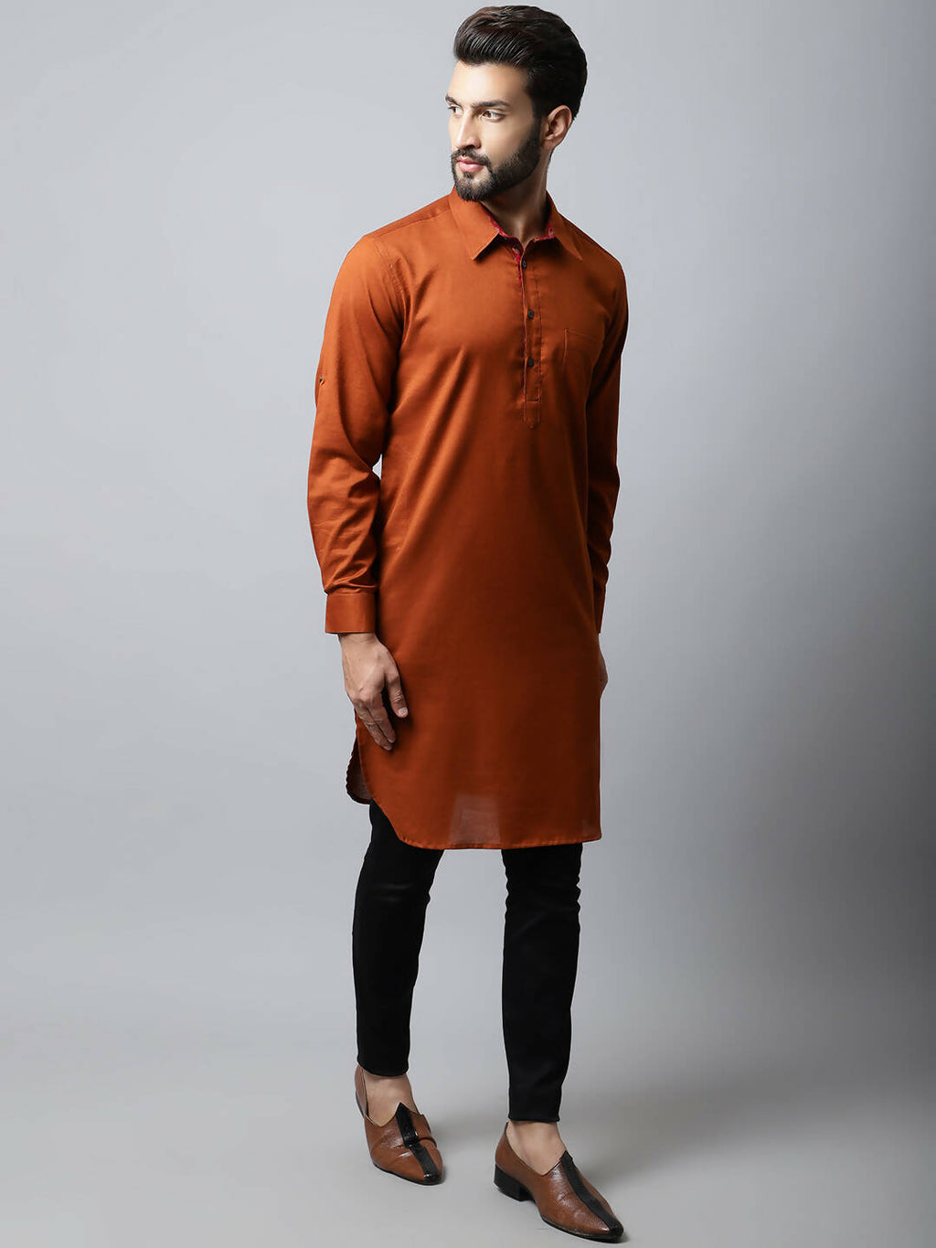 Even Apparels Brown Color Pure Cotton Solid Men's Kurta With Shirt Collar (SLD1137)