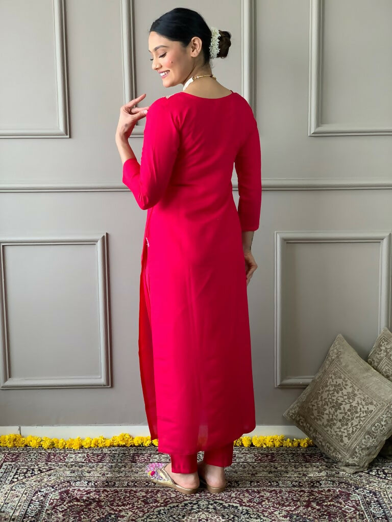 Partywear Designer Viscos Chanderi Red Stitched Suit With Dupatta - Tanisha
