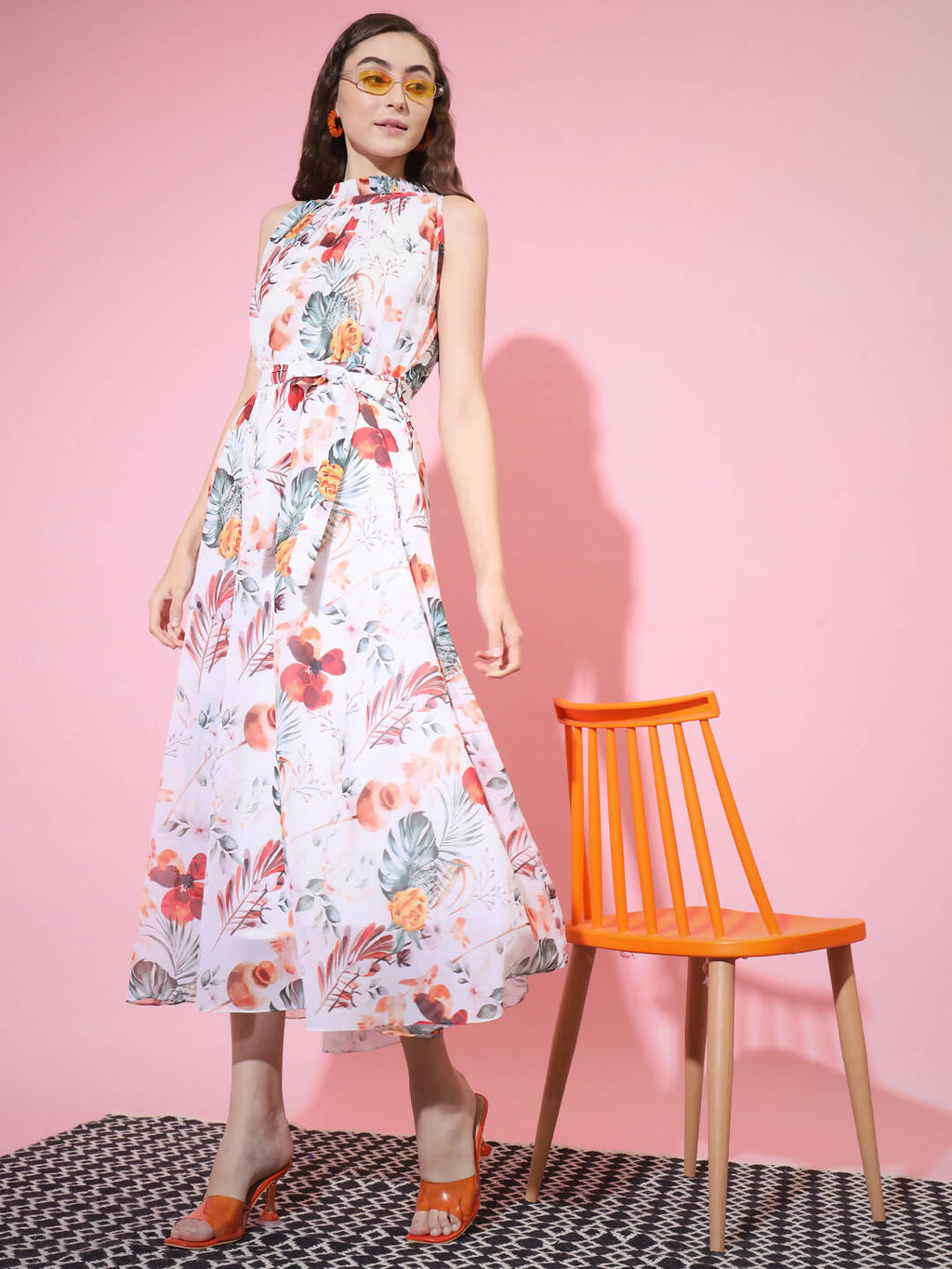 Myshka Women's White Floral Printed Empire Dress