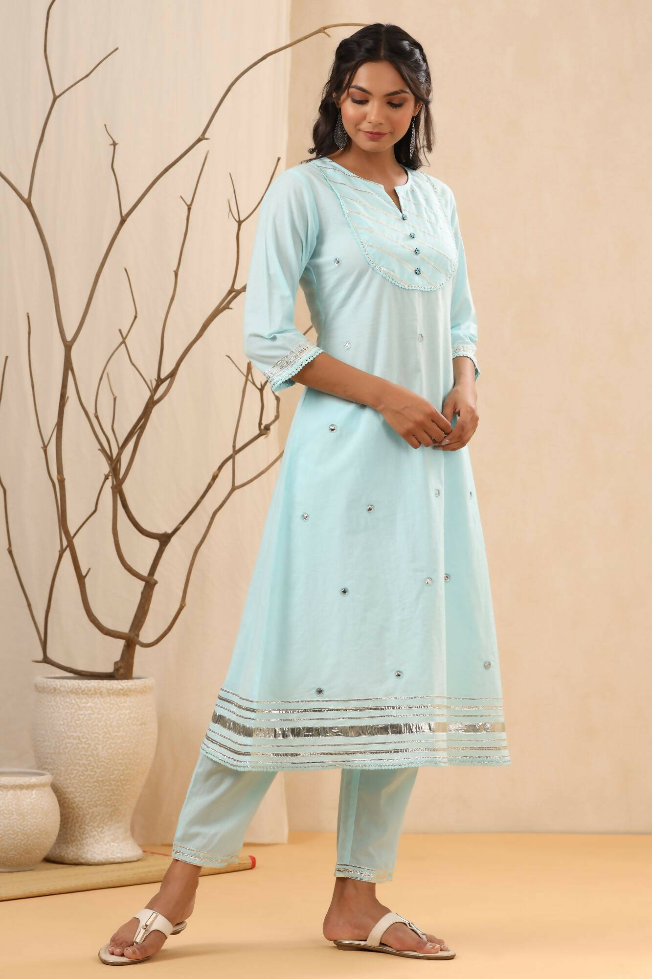 Juniper Women Skyblue Cambric Gotta Work Straight Kurta Sets