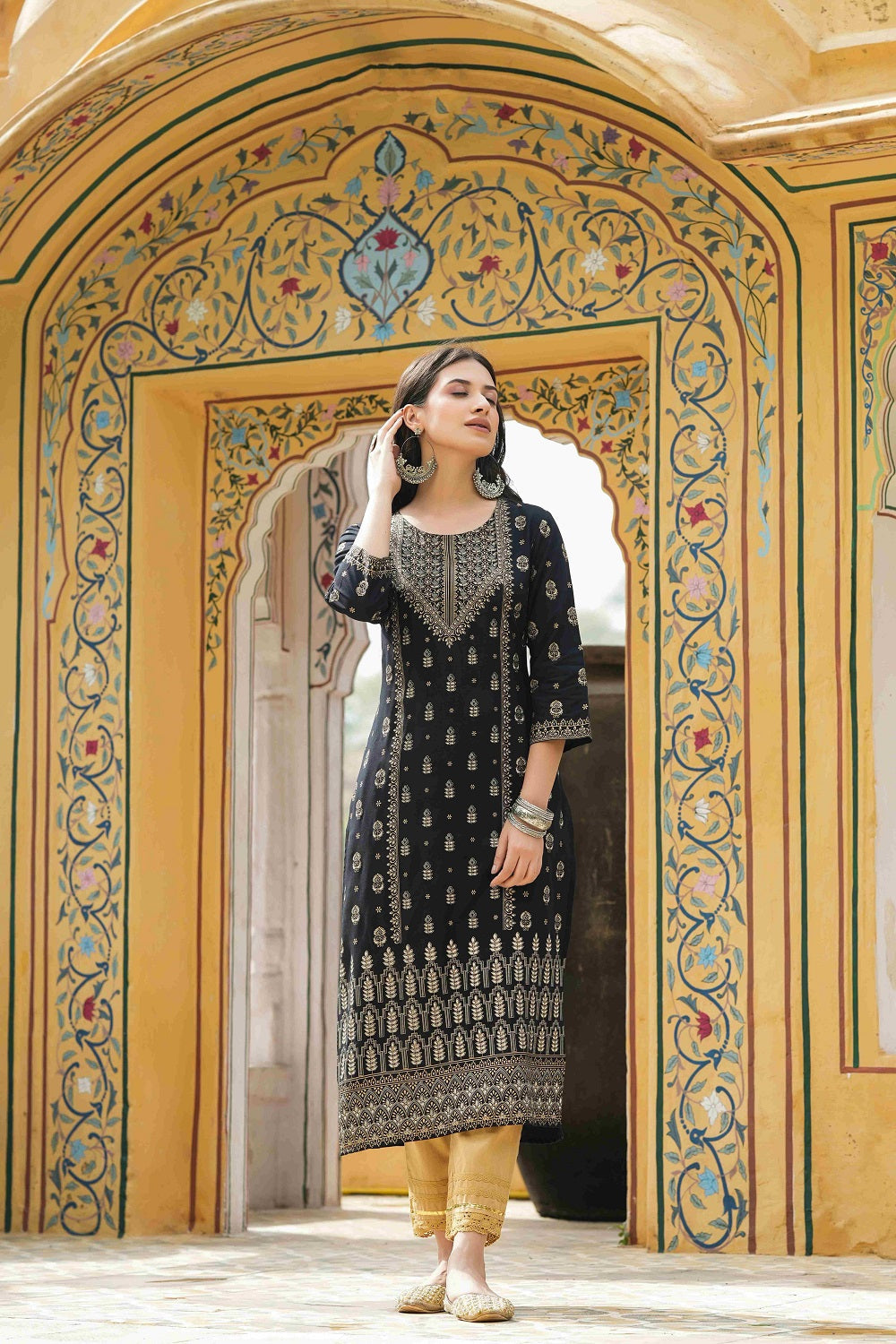 Juniper Black Rayon Festive Printed Straight Kurta For Women