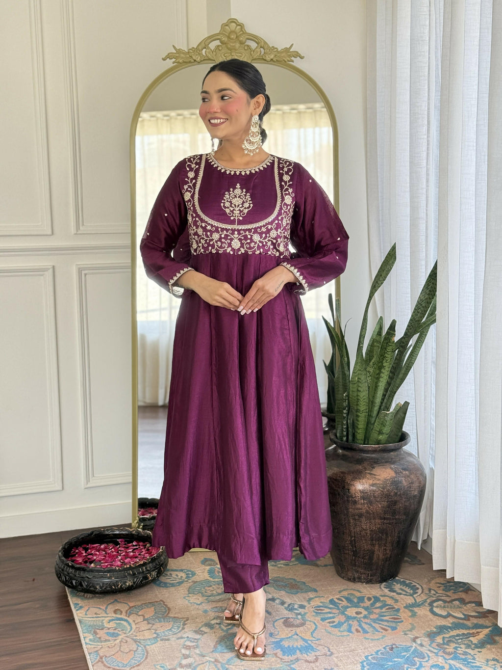 The52 Purple Women's Gorgeous Embroidered Vichitra Silk Fabric Flared Kurta Pant with Dupatta Set