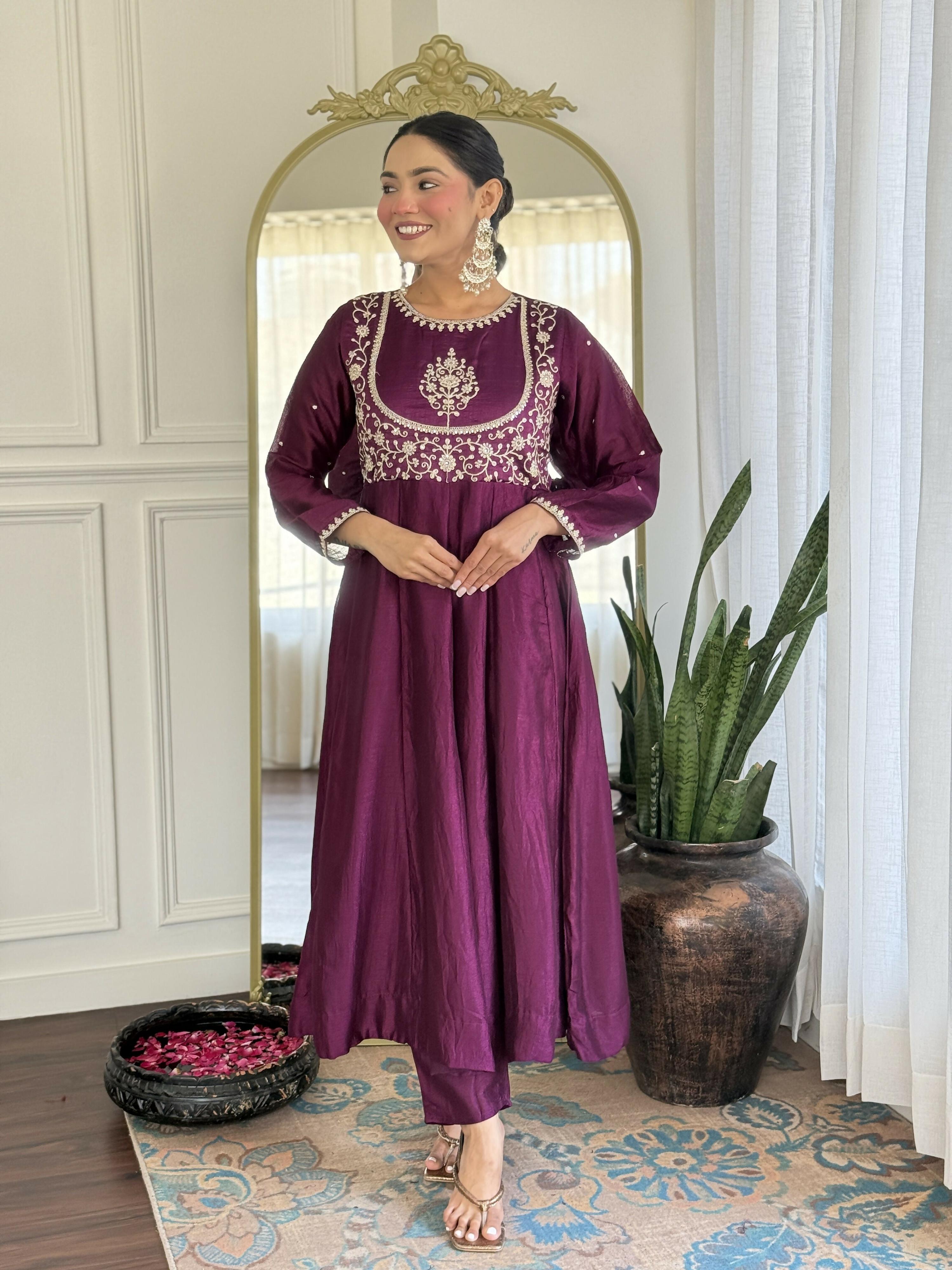 The52 Purple Women's Gorgeous Embroidered Vichitra Silk Fabric Flared Kurta Pant with Dupatta Set